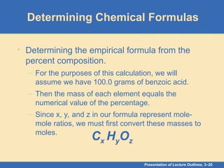 Presentation of Lecture Outlines, 3–20
Determining Chemical Formulas
• Determining the empirical formula from the
percent composition.
– For the purposes of this calculation, we will
assume we have 100.0 grams of benzoic acid.
– Then the mass of each element equals the
numerical value of the percentage.
– Since x, y, and z in our formula represent mole-
mole ratios, we must first convert these masses to
moles.
Cx HyOz
 