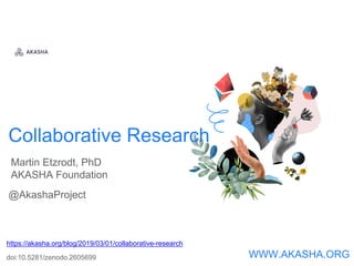 Collaborative Research
https://akasha.org/blog/2019/03/01/collaborative-research
doi:10.5281/zenodo.2605699 WWW.AKASHA.ORG
Martin Etzrodt, PhD
AKASHA Foundation
@AkashaProject
 