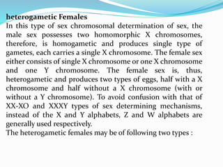 heterogametic Females
In this type of sex chromosomal determination of sex, the
male sex possesses two homomorphic X chromosomes,
therefore, is homogametic and produces single type of
gametes, each carries a single X chromosome. The female sex
either consists of single X chromosome or one X chromosome
and one Y chromosome. The female sex is, thus,
heterogametic and produces two types of eggs, half with a X
chromosome and half without a X chromosome (with or
without a Y chromosome). To avoid confusion with that of
XX-XO and XXXY types of sex determining mechanisms,
instead of the X and Y alphabets, Z and W alphabets are
generally used respectively.
The heterogametic females may be of following two types :
 