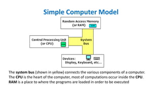 Simple Computer Model
The system bus (shown in yellow) connects the various components of a computer.
The CPU is the heart of the computer, most of computations occur inside the CPU.
RAM is a place to where the programs are loaded in order to be executed
 
