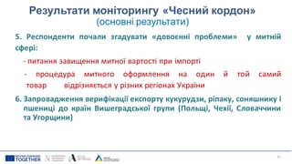 Результати моніторингу «Чесний кордон»
(основні результати)
5. Респонденти почали згадувати «довоєнні проблеми» у митній
сфері:
- питання завищення митної вартості при імпорті
- процедура митного оформлення на один й той самий
товар відрізняється у різних регіонах України
6. Запровадження верифікації експорту кукурудзи, ріпаку, соняшнику і
пшениці до країн Вишеградської групи (Польщі, Чехії, Словаччини
та Угорщини)
23
 