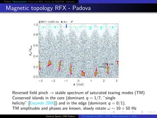 Outline Measurements Orbit on RFX Orbit on TEXTOR Summary
Magnetic topology RFX - Padova
Reversed ﬁeld pinch → stable spectrum of saturated tearing modes (TM)
Conserved islands in the core (dominant q = 1/7, ”single
helicity” [Escande 2000]) and in the edge (dominant q = 0/1).
TM amplitudes and phases are known, slowly rotate ω ∼ 10 ÷ 50 Hz
Gianluca Spizzo, CNR Padova ES response to RMPs - PPPL Theory December 2, 2015
 