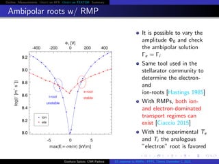 Outline Measurements Orbit on RFX Orbit on TEXTOR Summary
Ambipolar roots w/ RMP
It is possible to vary the
amplitude Φ0 and check
the ambipolar solution
Γe = Γi
Same tool used in the
stellarator community to
determine the electron-
and
ion-roots [Hastings 1985]
With RMPs, both ion-
and electron-dominated
transport regimes can
exist [Ciaccio 2015]
With the experimental Te
and Ti the analogous
”electron” root is favored
Gianluca Spizzo, CNR Padova ES response to RMPs - PPPL Theory December 2, 2015
 