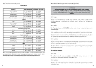 QUADRO 02
3.2.1 Tempo aproximado de preparo
DIVERSOS Tempo aproximado Quan dade [min - máx]
Molho de tomate 25 - 100 segundos 300 - 3000 g
Maioneses até 13 segundos 350 - 3800 g
Purê de Batatas 15 - 60 segundos 500 - 3000 g
Farinha de rosca 50 - 70 segundos 100 - 500 g
Pasta de amendoim Até 4 minutos 600 - 2000 g
CARNES
Carne 10 - 20 segundos 400 - 2500 g
Carne p/ Salada 10 - 20 segundos 400 - 2500 g
Almondegas 10 - 20 segundos 400 - 2500 g
Quibes 10 - 20 segundos 400 - 2500 g
CONDIMENTOS PARA SOPA
Cebola 10 - 20 segundos 500 - 3000 g
Alho 20 - 30 segundos 150 - 3200 g
Salsa 5 - 20 segundos 150 - 500 g
FRUTAS E GELÉIAS
Salada de Frutas 15 - 30 segundos 300 - 2500 g
Geléia de maçã 100 - 140 segundos 400 - 2500 g
Geléia de Pera 100 - 140 segundos 400 - 2500 g
Geléia de Pêssego 100 - 140 segundos 400 - 2500 g
PATÊS
Fígado Até 1 minuto 400 - 2500 g
Salmão Até 1 minuto 400 - 2500 g
Anchova Até 1 minuto 400 - 2500 g
Lagosta Até 1 minuto 400 - 2500 g
** O processo de ingredientes como pasta de amendoim ou com consistência similar gera
um aquecimento excessivo no copo do equipamento, portanto deve-se deixá-lo esfriar
antes de efetuar novo processamento, pois danos irreparáveis poderão ocorrer.
IMPORTANTE
Leia atentamente as INSTRUÇÕES con das neste manual antes de ligar o
equipamento. Cer ﬁque-se de que todas as informações foram compreendidas.
Em caso de dúvidas, consulte o Serviço de Atendimento ao Consumidor (SAC)
Siemsen.
4.2.1 Perigo
O cabo ou um ﬁo elétrico, cuja isolação esteja daniﬁcada, pode produzir fuga de corrente
elétrica e provocar choques elétricos. Antes de usar o equipamento, veriﬁque suas
condições.
4.2.2 Avisos
Cer ﬁque que todas as INSTRUÇÕES con das neste manual estejam completamente
compreendidas.
Cada função ou procedimento de operação e manutenção deve estar inteiramente claro.
O acionamento de um comando manual (botão, teclas, chave elétrica, alavanca, etc.) deve
ser feito sempre que se tenha a certeza, de que se trata do comando correto.
4.2.3 Cuidados
O cabo de energia elétrica, responsável pela alimentação do equipamento, deve ter secção
suﬁciente para suportar a potência elétrica consumida.
Os cabos elétricos que ﬁcarem no solo ou junto ao equipamento, precisam ser protegidos
para evitar curtocircuito.
4.3 Inspeções de Ro na
4.3.1 Aviso
Ao veriﬁcar a tensão da(s) correia(s) / corrente(s), NÃO coloque os dedos entre a(s)
correia(s) a(s) corrente(s) e nem na(s) engrenagem (ns).
4.3.2 Cuidados
Veriﬁque o(s) motor (es) e as partes deslizantes e girantes do equipamento, quando há
ruídos anormais.
4.2 Cuidados e Observações Antes de Ligar o Equipamento
 