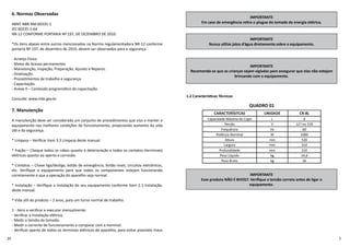 6. Normas Observadas
ABNT NBR NM 60335-1
IEC 60335-2-64
NR-12 CONFORME PORTARIA Nº 197, DE DEZEMBRO DE 2010.
*Os itens abaixo entre outros mencionados na Norma regulamentadora NR-12 conforme
portaria Nº 197, de dezembro de 2010, devem ser observados para a segurança.
- Arranjo Físico
- Meios de Acesso permanentes
- Manutenção, Inspeção, Preparação, Ajustes e Reparos.
- Sinalização.
- Procedimentos de trabalho e segurança.
- Capacitação.
- Anexo ll – Conteúdo programá co de capacitação.
Consulte: www.mte.gov.br
7. Manutenção
A manutenção deve ser considerada um conjunto de procedimentos que visa a manter o
equipamento nas melhores condições de funcionamento, propiciando aumento da vida
ú l e da segurança.
* Limpeza – Veriﬁcar item 3.3 Limpeza deste manual.
* Fiação – Cheque todos os cabos quanto à deterioração e todos os contatos (terminais)
elétricos quanto ao aperto e corrosão.
* Contatos – Chave liga/desliga, botão de emergência, botão reset, circuitos eletrônicos,
etc. Veriﬁque o equipamento para que todos os componentes estejam funcionando
corretamente e que a operação do aparelho seja normal.
* Instalação – Veriﬁque a instalação do seu equipamento conforme item 2.1 Instalação,
deste manual.
* Vida ú l do produto – 2 anos, para um turno normal de trabalho.
1 - Itens a veriﬁcar e executar mensalmente:
- Veriﬁcar a instalação elétrica;
- Medir a tensão da tomada;
- Medir a corrente de funcionamento e comparar com a nominal;
- Veriﬁcar aperto de todos os terminais elétricos do aparelho, para evitar possíveis maus
IMPORTANTE
Em caso de emergência re re o plugue da tomada de energia elétrica.
IMPORTANTE
Nunca u lize jatos d’água diretamente sobre o equipamento.
QUADRO 01
CARACTERÍSITCAS UNIDADE CR-8L
Capacidade Máxima do Copo L 8
Tensão V 127 ou 220
Frequência Hz 60
Potência Nominal W 1000
Altura mm 530
Largura mm 310
Profundidade mm 310
Peso Líquido kg 14,6
Peso Bruto kg 16
1.2 Caracterís cas Técnicas
IMPORTANTE
Esse produto NÃO É BIVOLT. Veriﬁque a tensão correta antes de ligar o
equipamento.
IMPORTANTE
Recomenda-se que as crianças sejam vigiadas para assegurar que elas não estejam
brincando com o equipamento.
 