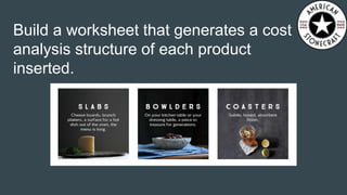 Build a worksheet that generates a cost
analysis structure of each product
inserted.
 