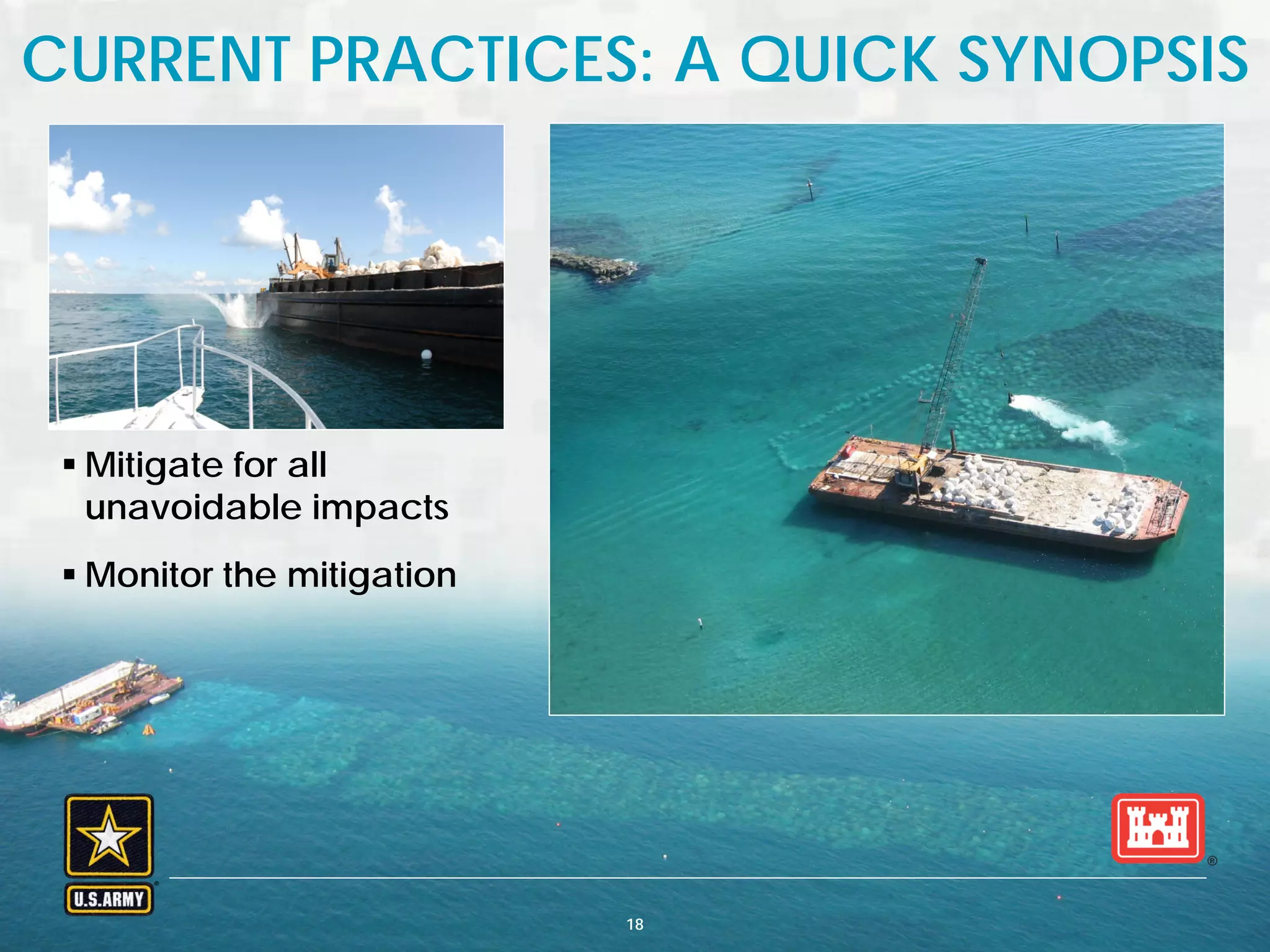 BUILDING STRONG® U.S. ARMY CORPS OF ENGINEERS | Jacksonville District
 Mitigate for all
unavoidable impacts
 Monitor the mitigation
CURRENT PRACTICES: A QUICK SYNOPSIS
18
 