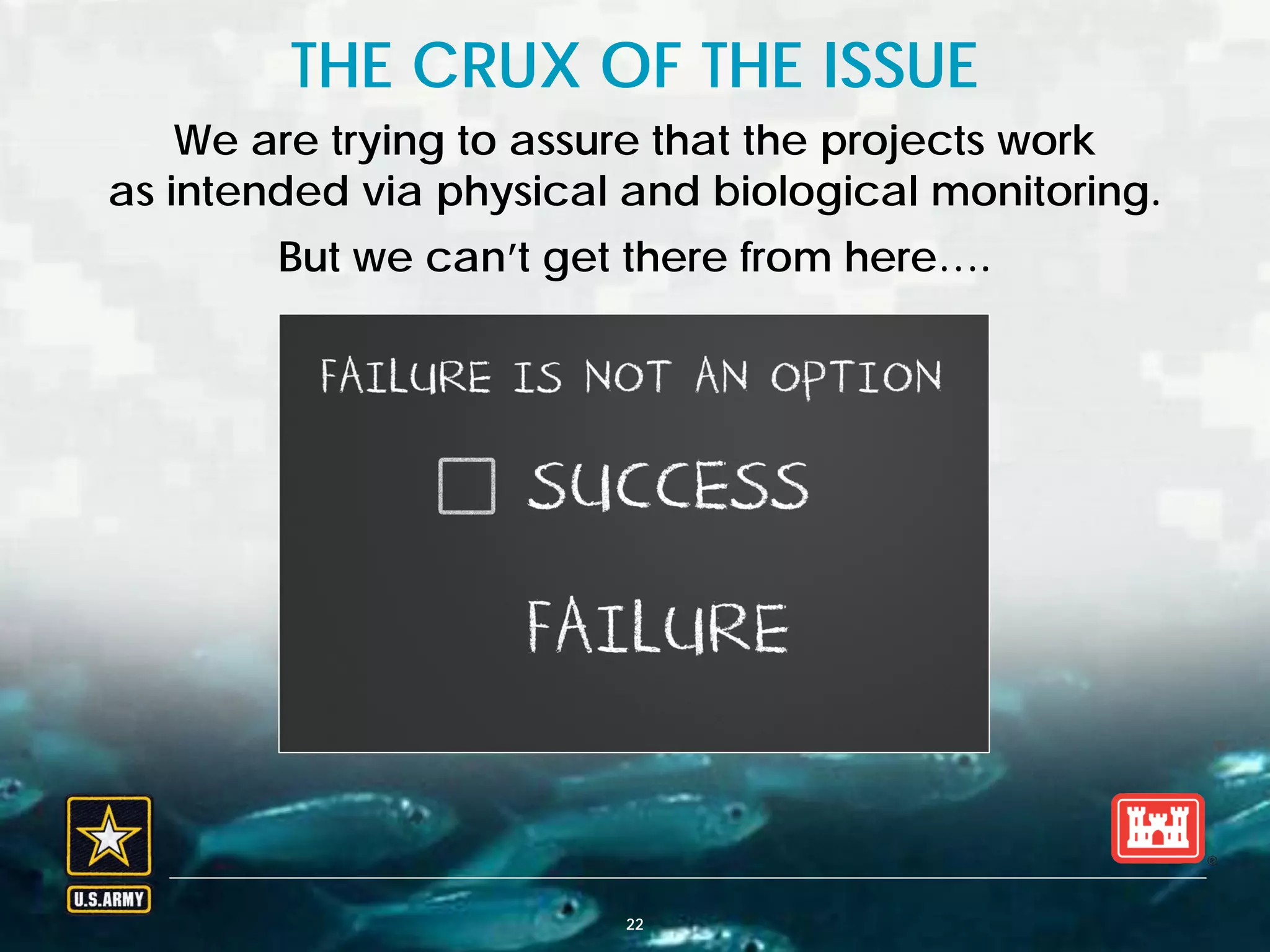 BUILDING STRONG® U.S. ARMY CORPS OF ENGINEERS | Jacksonville District22
We are trying to assure that the projects work
as intended via physical and biological monitoring.
But we can’t get there from here….
THE CRUX OF THE ISSUE
 