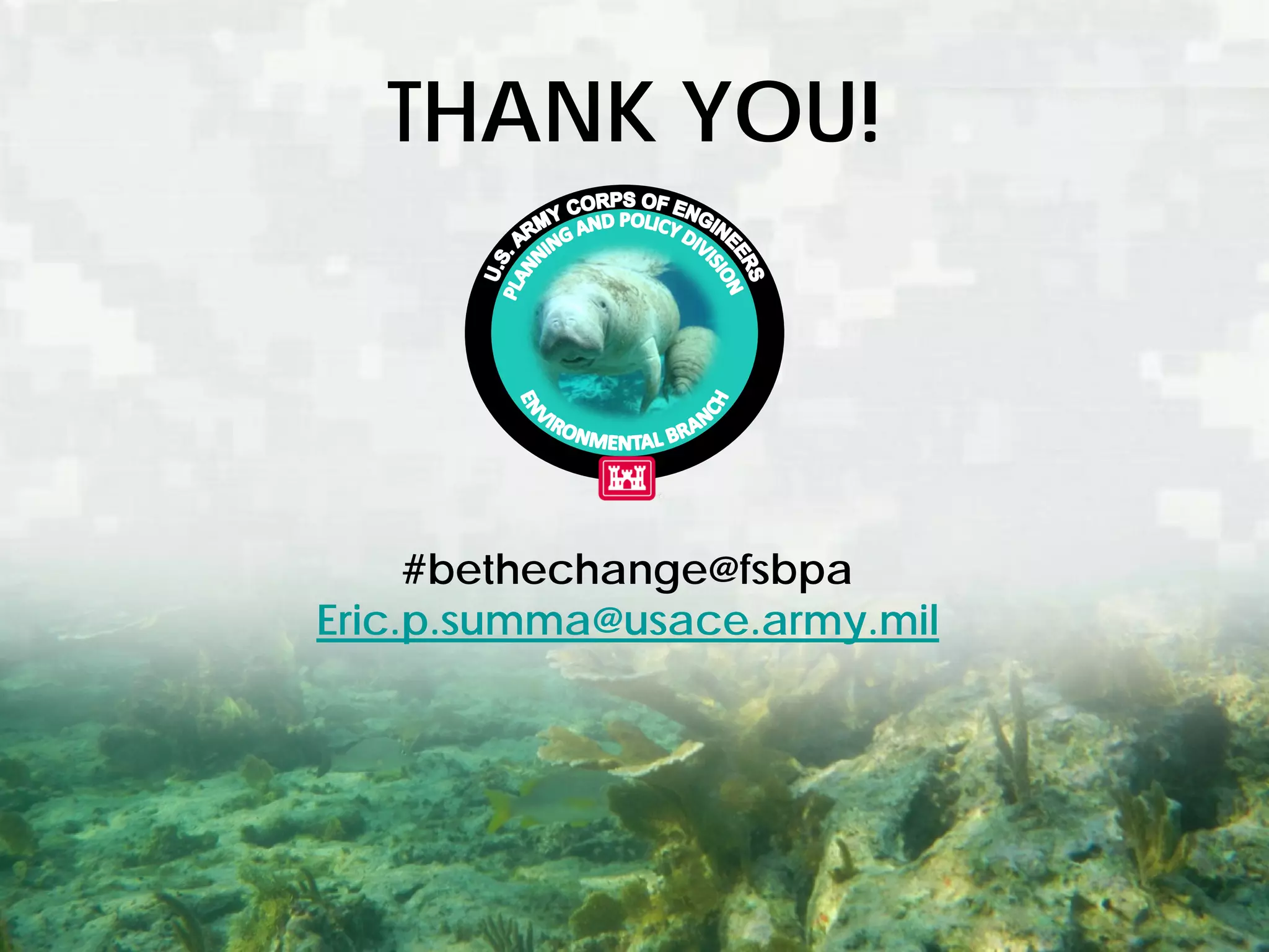 BUILDING STRONG® U.S. ARMY CORPS OF ENGINEERS | Jacksonville District
THANK YOU!
#bethechange@fsbpa
Eric.p.summa@usace.army.mil
 