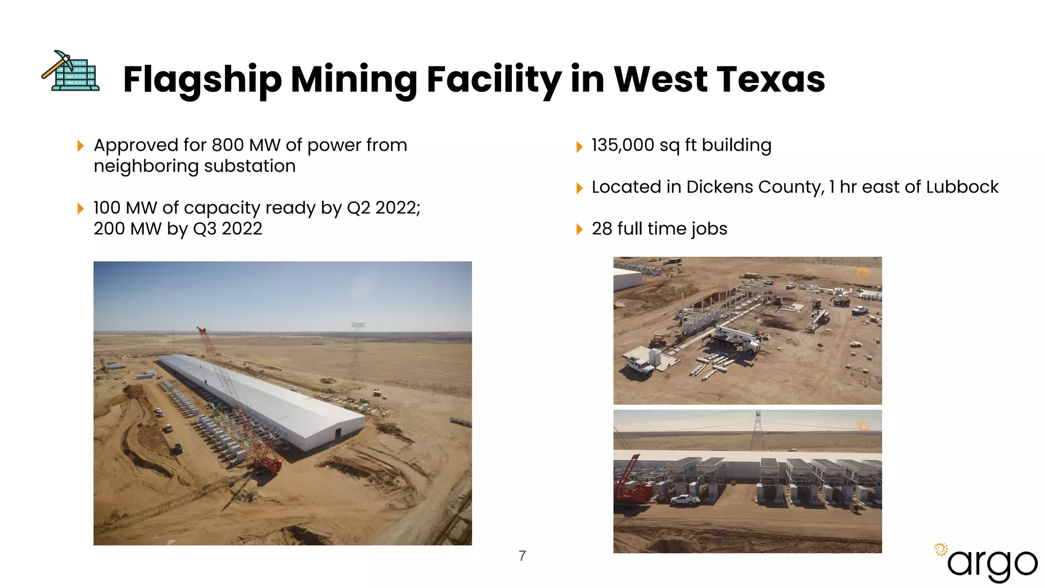 Flagship Mining Facility in West Texas
Approved for 800 MW of power from
neighboring substation
100 MW of capacity ready by Q2 2022;
200 MW by Q3 2022
135,000 sq ft building
Located in Dickens County, 1 hr east of Lubbock
28 full time jobs
7
 