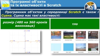 6
Програмні об'єкти
та їх властивості в ScratchРозділ 3
§ 3.1
Програмним об'єктом у середовищі Scratch є також і
Сцена. Сцена має такі властивості:
розмір (480 на 360 кроків
виконавця)
тло
 