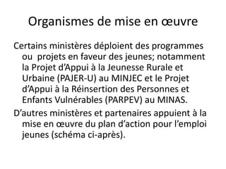 Organismes de mise en œuvre
Certains ministères déploient des programmes
  ou projets en faveur des jeunes; notamment
  la Projet d’Appui à la Jeunesse Rurale et
  Urbaine (PAJER-U) au MINJEC et le Projet
  d’Appui à la Réinsertion des Personnes et
  Enfants Vulnérables (PARPEV) au MINAS.
D’autres ministères et partenaires appuient à la
  mise en œuvre du plan d’action pour l’emploi
  jeunes (schéma ci-après).
 