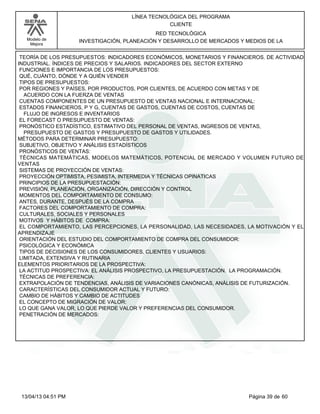 LÍNEA TECNOLÓGICA DEL PROGRAMA
CLIENTE
Modelo de
Mejora

RED TECNOLÓGICA
INVESTIGACIÓN, PLANEACIÓN Y DESARROLLO DE MERCADOS Y MEDIOS DE LA

TEORÍA DE LOS PRESUPUESTOS: INDICADORES ECONÓMICOS, MONETARIOS Y FINANCIEROS. DE ACTIVIDAD
INDUSTRIAL. ÍNDICES DE PRECIOS Y SALARIOS. INDICADORES DEL SECTOR EXTERNO
FUNCIONES E IMPORTANCIA DE LOS PRESUPUESTOS:
QUÉ, CUÁNTO, DÓNDE Y A QUIÉN VENDER
TIPOS DE PRESUPUESTOS:
POR REGIONES Y PAÍSES, POR PRODUCTOS, POR CLIENTES, DE ACUERDO CON METAS Y DE
ACUERDO CON LA FUERZA DE VENTAS
CUENTAS COMPONENTES DE UN PRESUPUESTO DE VENTAS NACIONAL E INTERNACIONAL:
ESTADOS FINANCIEROS, P Y G, CUENTAS DE GASTOS, CUENTAS DE COSTOS, CUENTAS DE
FLUJO DE INGRESOS E INVENTARIOS
EL FORECAST O PRESUPUESTO DE VENTAS:
PRONÓSTICO ESTADÍSTICO, ESTIMATIVO DEL PERSONAL DE VENTAS, INGRESOS DE VENTAS,
PRESUPUESTO DE GASTOS Y PRESUPUESTO DE GASTOS Y UTILIDADES.
MÉTODOS PARA DETERMINAR PRESUPUESTO:
SUBJETIVO, OBJETIVO Y ANÁLISIS ESTADÍSTICOS
PRONÓSTICOS DE VENTAS:
TÉCNICAS MATEMÁTICAS, MODELOS MATEMÁTICOS, POTENCIAL DE MERCADO Y VOLUMEN FUTURO DE
VENTAS
SISTEMAS DE PROYECCIÓN DE VENTAS:
PROYECCIÓN OPTIMISTA, PESIMISTA, INTERMEDIA Y TÉCNICAS OPINATICAS
PRINCIPIOS DE LA PRESUPUESTACIÓN:
PREVISIÓN, PLANEACIÓN, ORGANIZACIÓN, DIRECCIÓN Y CONTROL
MOMENTOS DEL COMPORTAMIENTO DE CONSUMO:
ANTES, DURANTE, DESPUÉS DE LA COMPRA
FACTORES DEL COMPORTAMIENTO DE COMPRA:
CULTURALES, SOCIALES Y PERSONALES
MOTIVOS Y HÁBITOS DE COMPRA:
EL COMPORTAMIENTO, LAS PERCEPCIONES, LA PERSONALIDAD, LAS NECESIDADES, LA MOTIVACIÓN Y EL
APRENDIZAJE
ORIENTACIÓN DEL ESTUDIO DEL COMPORTAMIENTO DE COMPRA DEL CONSUMIDOR:
PSICOLÓGICA Y ECONÓMICA
TIPOS DE DECISIONES DE LOS CONSUMIDORES, CLIENTES Y USUARIOS:
LIMITADA, EXTENSIVA Y RUTINARIA
ELEMENTOS PRIORITARIOS DE LA PROSPECTIVA:
LA ACTITUD PROSPECTIVA: EL ANÁLISIS PROSPECTIVO, LA PRESUPUESTACIÓN. LA PROGRAMACIÓN.
TÉCNICAS DE PREFERENCIA:
EXTRAPOLACIÓN DE TENDENCIAS, ANÁLISIS DE VARIACIONES CANÓNICAS, ANÁLISIS DE FUTURIZACIÓN.
CARACTERÍSTICAS DEL CONSUMIDOR ACTUAL Y FUTURO:
CAMBIO DE HÁBITOS Y CAMBIO DE ACTITUDES
EL CONCEPTO DE MIGRACIÓN DE VALOR:
LO QUE GANA VALOR, LO QUE PIERDE VALOR Y PREFERENCIAS DEL CONSUMIDOR.
PENETRACIÓN DE MERCADOS:

13/04/13 04:51 PM

Página 39 de 60

 