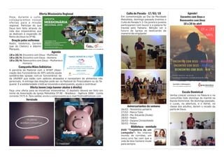 Culto do Parada - 17/03/19
Em comemoração ao Dia da Mocidade
Metodista, domingo passado tivemos o
Culto do Parada 5.3. Os jovens e juvenis
participaram com louvor e a palavra foi
trazida pelo Fabiano. Bênção ver o
futuro da Igreja se dedicando de
maneira tão engajada!
Aniversariantes da semana
26/03 - Terezinha Lamatris
27/03 - Marco Túlio
28/03 - Ma. Eduarda (Duda)
29/03 - Pedro
30/03 - Daiane Christofoletti
30/03 - Felipe
Biblioteca - novidade
DVD “Trajetória de um
campeão”: No intenso
mundo de corridas, um
único erro faz com que a
vida de dois homens mude
para sempre.
Agende!
Encontro com Deus e
Reencontro com Deus
18 a 20 de abril
Escola Dominical
Venha crescer conosco na Palavra e na
comunhão todo domingo de manhã na
Escola Dominical. No domingo passado,
o Lucas, na abertura, e o Adriel, na
classe dos adultos, deram o recado da
parte de Deus.
Oferta Missionária Regional
Hoje, durante o culto,
consagraremos nossas
ofertas para a missão
regional. Participe do que
Deus tem feito através da
vida dos missionários que
se dedicam à expansão do
Reino de Deus na 5ª RE.
Oração pelos enfermos
Nadir, Valdelice, Gerson
(pai do Cleiton) e Ademir
Marques.
Agenda
18 a 20/4: Encontro com Deus - Mulheres
18 a 20/4: Encontro com Deus - Homens
18 a 20/4: Reencontro com Deus – Mulheres e
Homens
CampanhaMãosSolidárias
A parceria da Pastoral com a AFIEP (Asso-
ciação dos Funcionários do IEP) solicita ajuda
solidária das igrejas com os funcionários da
da UNIMEP que estão com salários atrasados e necessitam de alimentos não
perecíveis. A entrega das doações pode ser na Pastoral do Piracicabano ou do Ta-
quaral. É a solidariedade cristã se movendo e abençoando, ajude e contribua!
Oferta Jovem (veja banner abaixo à direita)
Faça uma oferta para as iniciativas missionárias. O depósito deverá ser feito em
nome da Associação da Igreja Metodista 5ª RE - Bradesco - Agência 2886 - Conta
corrente 7475-6. Para validar, envie o comprovante ao e-mail fmj5re@hotmail.com
Versículo
 