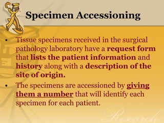 Specimen Accessioning
• Tissue specimens received in the surgical
pathology laboratory have a request form
that lists the patient information and
history along with a description of the
site of origin.
• The specimens are accessioned by giving
them a number that will identify each
specimen for each patient.
 