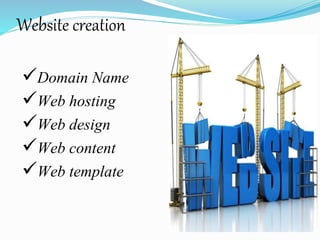 Website creation
Domain Name
Web hosting
Web design
Web content
Web template
 