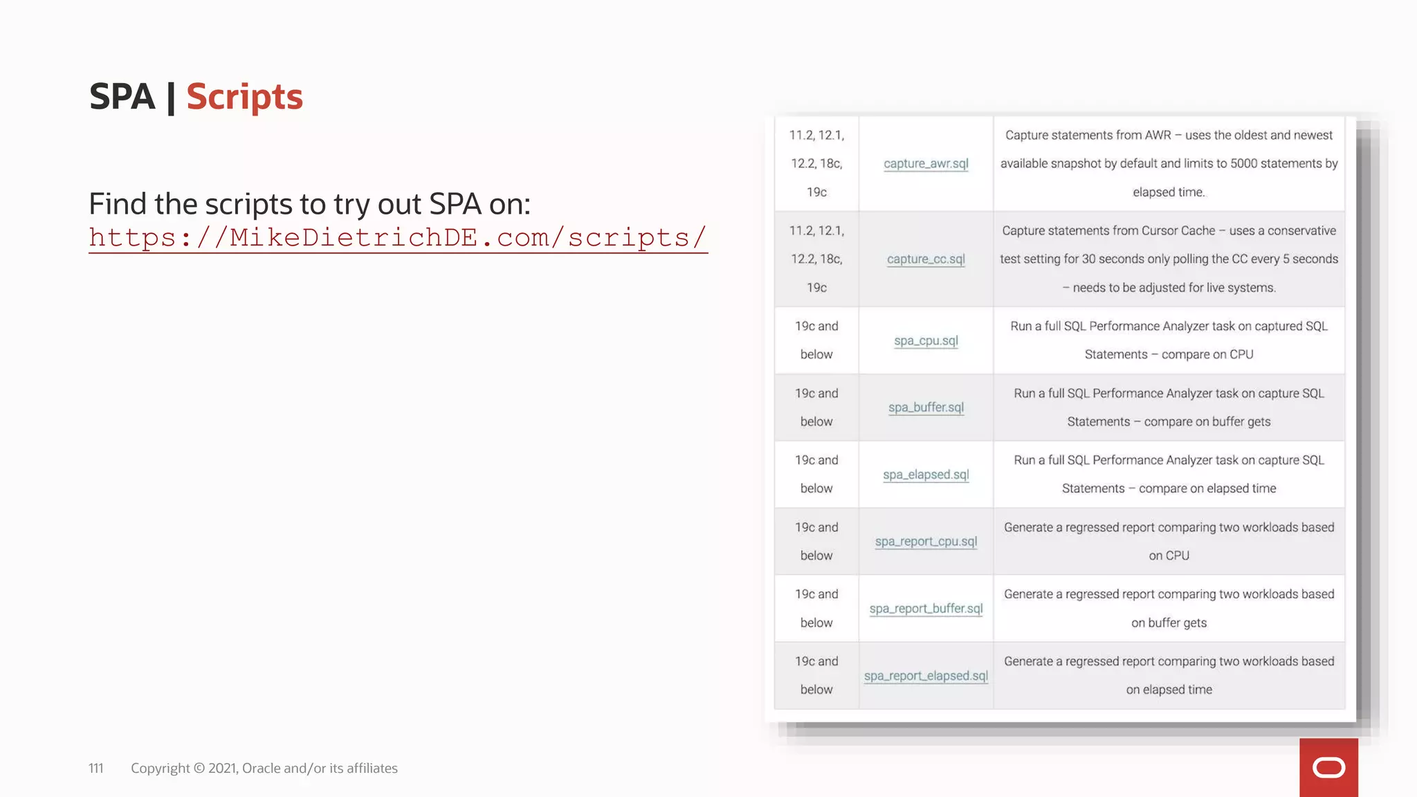111 Copyright © 2021, Oracle and/or its affiliates
SPA | Scripts
Find the scripts to try out SPA on:
https://MikeDietrichDE.com/scripts/
 