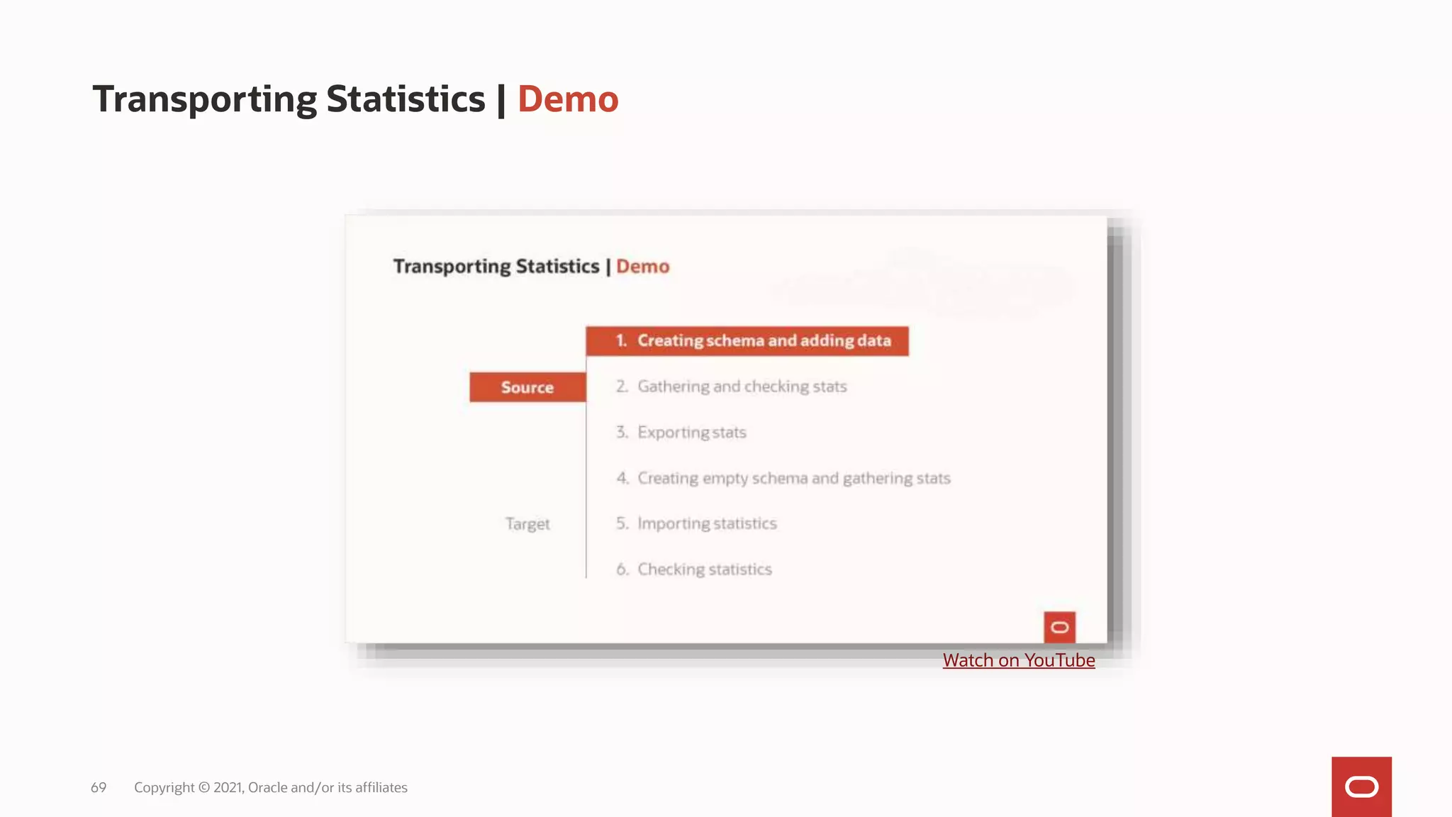 69 Copyright © 2021, Oracle and/or its affiliates
Transporting Statistics | Demo
Watch on YouTube
 