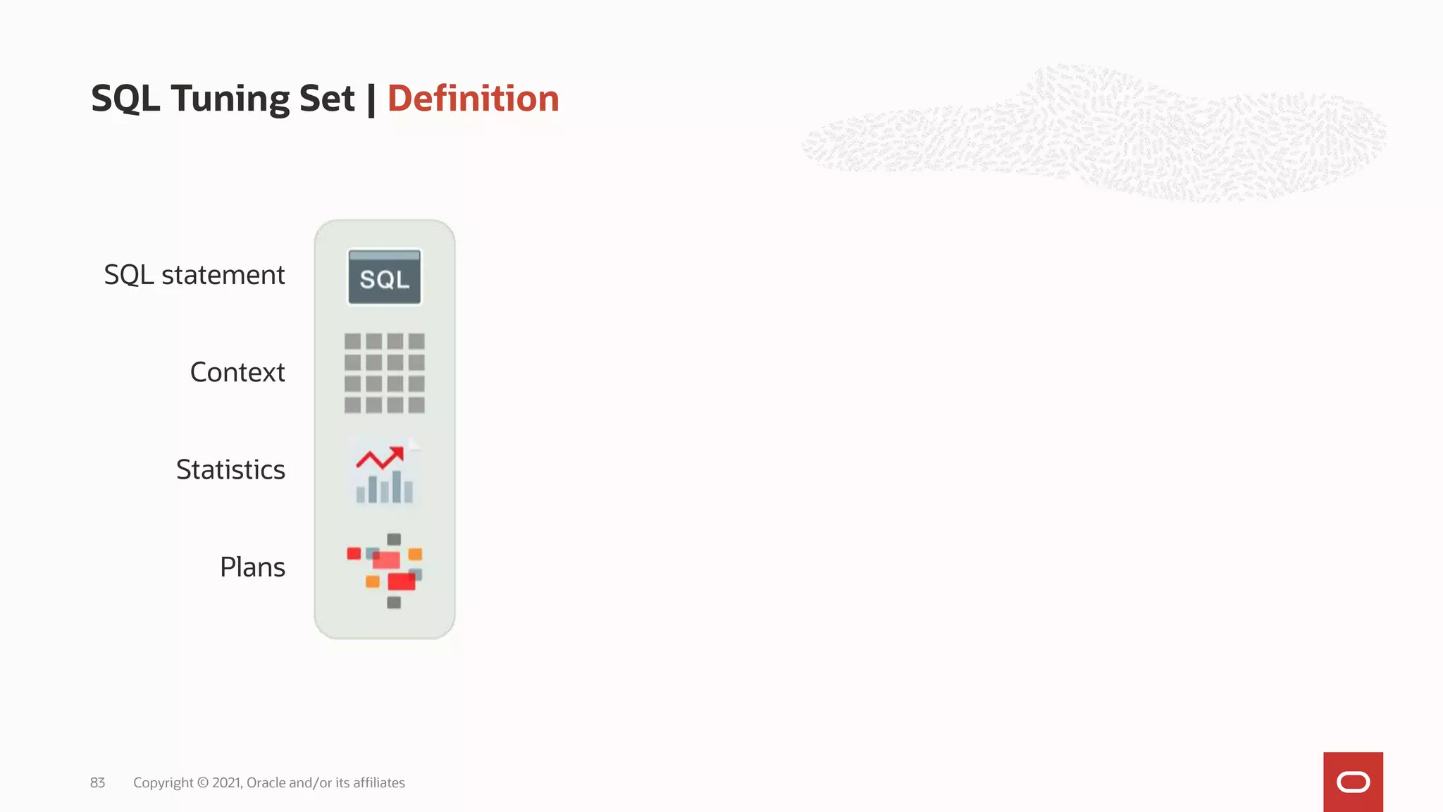 SQL Tuning Set | Definition
Copyright © 2021, Oracle and/or its affiliates
83
SQL statement
Context
Statistics
Plans
 