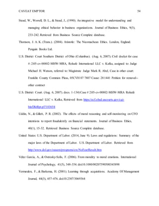 CAVEAT EMPTOR 54
Stead, W., Worrell, D. L., & Stead, J., (1990). An integrative model for understanding and
managing ethical behavior in business organizations. Journal of Business Ethics, 9(3),
233-242. Retrieved from Business Source Complete database.
Thomson, J. A. K. (Trans.). (2004). Aristotle: The Nicomachean Ethics. London, England.
Penguin Books Ltd.
U.S. District Court Southern District of Ohio (Columbus). (Aug. 6, 2007). Civil docket for case
#: 2:05-cv-00802-MHW-MRA, Rolsafe International LLC v. Kafka, assigned to: Judge
Michael H. Watson, referred to: Magistrate Judge Mark R. Abel, Case in other court:
Franklin County Common Pleas, 05CVH 07 7807 Cause: 28:1441 Petition for removal--
other contract
U.S. District Court. (Aug. 6, 2007). docs. 1-134) Case # 2:05-cv-00802-MHW-MRA Rolsafe
International LLC v. Kafka, Retrieved from https://ecf.ohsd.uscourts.gov/cgi-
bin/DktRpt.pl?103654
Uddin, N., & Gillett, P. R. (2002). The effects of moral reasoning and self-monitoring on CFO
intentions to report fraudulently on financial statements. Journal of Business Ethics,
40(1), 15-32. Retrieved Business Source Complete database.
United States: U.S. Department of Labor. (2014, June 9). Laws and regulations: Summary of the
major laws of the Department of Labor. U.S. Department of Labor. Retrieved from
http://www.dol.gov/oasam/programs/crc/NoFearResult.htm
Vélez García, A., & Ostrosky‐Solís, F. (2006). From morality to moral emotions. International
Journal of Psychology, 41(5), 348-354. doi:10.1080/00207590500345898
Vermeulen, F., & Barkema, H. (2001). Learning through acquisitions. Academy Of Management
Journal, 44(3), 457-476. doi:10.2307/3069364
 