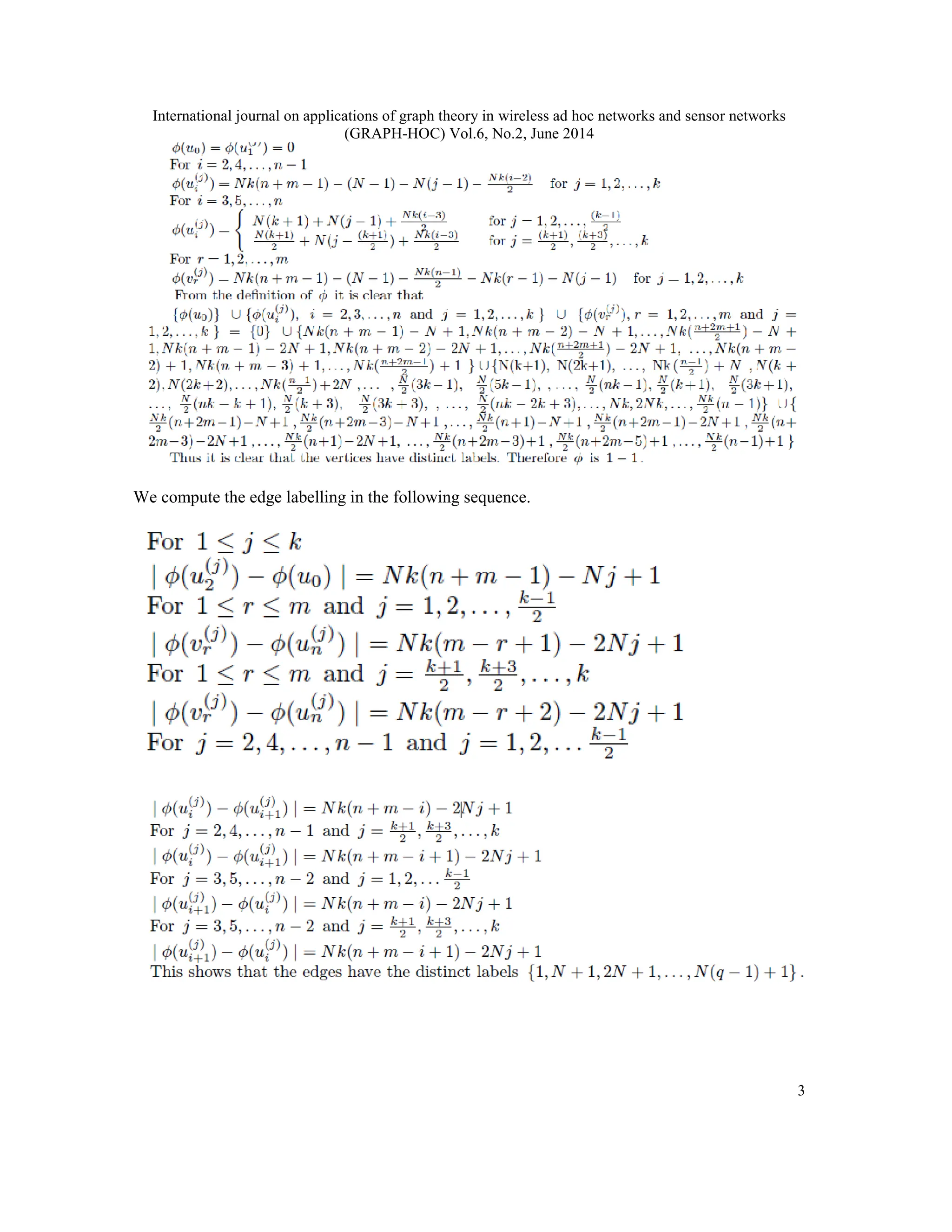 International journal on applications of graph theory in wireless ad hoc networks and sensor networks
(GRAPH-HOC) Vol.6, No.2, June 2014
3
We compute the edge labelling in the following sequence.
 
