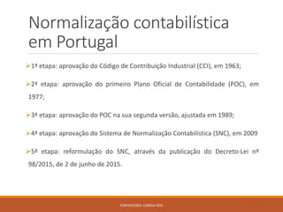 Normalização contabilística
em Portugal
1ª etapa: aprovação do Código de Contribuição Industrial (CCI), em 1963;
2ª etapa: aprovação do primeiro Plano Oficial de Contabilidade (POC), em
1977;
3ª etapa: aprovação do POC na sua segunda versão, ajustada em 1989;
4ª etapa: aprovação do Sistema de Normalização Contabilística (SNC), em 2009
5ª etapa: reformulação do SNC, através da publicação do Decreto-Lei nº
98/2015, de 2 de junho de 2015.
FORMADORA: CARINA REIS 21
 