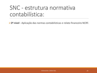 SNC - estrutura normativa
contabilística:
2º nível - Aplicação das normas contabilísticas e relato financeiro NCRF.
FORMADORA: CARINA REIS 26
 
