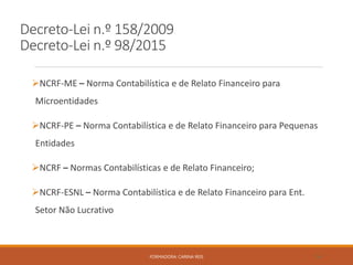 Decreto-Lei n.º 158/2009
Decreto-Lei n.º 98/2015
NCRF-ME – Norma Contabilística e de Relato Financeiro para
Microentidades
NCRF-PE – Norma Contabilística e de Relato Financeiro para Pequenas
Entidades
NCRF – Normas Contabilísticas e de Relato Financeiro;
NCRF-ESNL – Norma Contabilística e de Relato Financeiro para Ent.
Setor Não Lucrativo
FORMADORA: CARINA REIS 34
 
