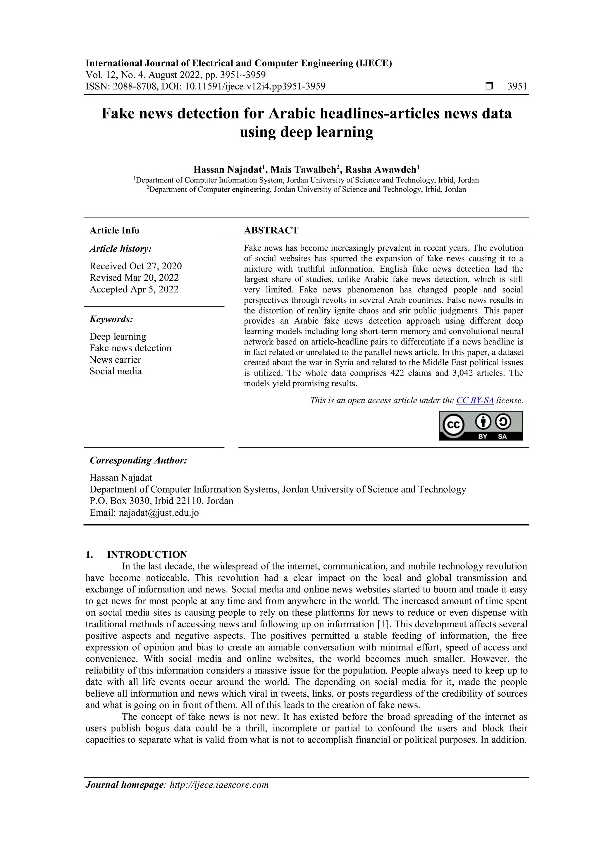 Fake news detection for Arabic headlines-articles news data using deep ...