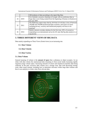 International Journal of Information Sciences and Techniques (IJIST) Vol.6, No.1/2, March 2016
125
200 terabytes of data according to the report Big Data.
Eric Schmidt, executive chairman of Google, tells at conference that as
24 2010 huge data is now being created from the beginning of human civilization to
the year 2003.
The McKinsey report states that by 2018 the US will face a loss of between
25 2011
140,000 and 190,000 professional data scientists, and warns on issues
including privacy, security and intellectual property will have to be
resolved.
Mobile internet overtakes desktop for the first time, 88% of executives
26 2014 responding to an international survey by GE state that big data analysis is a
top priority
3. THREE DIFFERENT VIEWS OF BIG DATA
Data mainly expanding on Three Views (fronts/views) at an increasing rate.
3.1. Data Volume
3.2. Data Velocity
3.3. Data Variety
3.1. Data Volume
General meaning of volume is the amount of space that a substance or object occupies. As we
relate with data volume the unstructured data streaming in from social media increasing rapidly
required a large volume space. Increasing amounts of sensor and machine-to-machine data being
collected. In the past, excessive data volume was a storage issue. But with decreasing storage
costs, other issues emerge, including how to determine relevance within large data volumes and
how to use analytics to create value from relevant data.
 