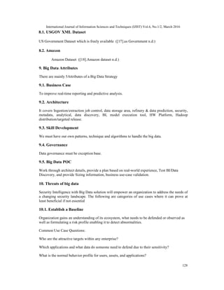International Journal of Information Sciences and Techniques (IJIST) Vol.6, No.1/2, March 2016
128
8.1. USGOV XML Dataset
US Government Dataset which is freely available ([17].us Government n.d.)
8.2. Amaxon
Amazon Dataset ([18].Amazon dataset n.d.)
9. Big Data Attributes
There are mainly 5Attributes of a Big Data Strategy
9.1. Business Case
To improve real-time reporting and predictive analysis.
9.2. Architecture
It covers Ingestion/extraction job control, data storage area, refinery & data prediction, security,
metadata, analytical, data discovery, BI, model execution tool, HW Platform, Hadoop
distribution/targeted release.
9.3. Skill Development
We must have our own patterns, technique and algorithms to handle the big data.
9.4. Governance
Data governance must be exception base.
9.5. Big Data POC
Work through architect details, provide a plan based on real-world experience, Test BI/Data
Discovery, and provide Sizing information, business use-case validation.
10. Threats of big data
Security Intelligence with Big Data solution will empower an organization to address the needs of
a changing security landscape. The following are categories of use cases where it can prove at
least beneficial if not essential
10.1. Establish a Baseline
Organization gains an understanding of its ecosystem, what needs to be defended or observed as
well as formulating a risk profile enabling it to detect abnormalities.
Common Use Case Questions:
Who are the attractive targets within any enterprise?
Which applications and what data do someone need to defend due to their sensitivity?
What is the normal behavior profile for users, assets, and applications?
 