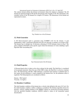International Journal on Cybernetics & Informatics (IJCI) Vol. 6, No. 1/2, April 2017
39
The solution domain defines the abstract environment where the solution is calculated. The 2D
domain has upstream length of 5D and the downstream side of length 27.5D. The 3D domain is the
extruded version of the 2D domain for a length of 10 meters. The dimensions of the domain are
represented in meters.
Fig.1 Drafted view of the 2D domain
3.2. Mesh Generation
A 2D block-structured mesh is generated using GAMBIT 2.4.6 for the domain. A grid
independency study is performed determine the grid size precisely to produce an accurate result.
The domain face is divided into 10 divisions consisting of 19150 elements shown in Fig.2. The
grid is adapted in FLUENT at the specific region where the dominance of vortex shedding is quite
high than other surrounding face.
Fig.2 Structured mesh of the 2D domain
3.3. Fluid Properties
A Pressure-based solver is taken as the solver scheme for the model. The fluid flow is considered
to be unsteady (transient). Since the case of Re=1000 is taken, the fluid flow is solved as a laminar
flow. The fluid flowing with Re= 1000 undergoes a transition from laminar to turbulent flow in
this region, but the turbulence is small compared to the laminar flow. So, the turbulence effect is
neglected. The fluid properties are considered as follows
Density - 998.3 kg/m3
Viscosity - 0.1 kg/m-s
3.4. Boundary Conditions
The inlet boundary condition of the domain has a velocity inlet defined at the rate of 0.5 m/s. For
the outlet boundary condition, outflow condition is considered. The Solution algorithm chosen for
pressure- velocity coupling equation is the SIMPLE scheme for solving the governing equations
with the specified boundary conditions. QUICK method is taken as the momentum spatial
discretization.
 