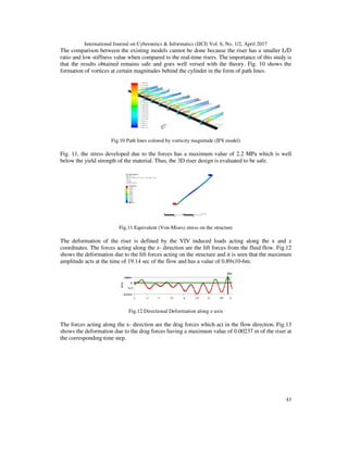 International Journal on Cybernetics & Informatics (IJCI) Vol. 6, No. 1/2, April 2017
43
The comparison between the existing models cannot be done because the riser has a smaller L/D
ratio and low stiffness value when compared to the real-time risers. The importance of this study is
that the results obtained remains safe and goes well versed with the theory. Fig. 10 shows the
formation of vortices at certain magnitudes behind the cylinder in the form of path lines.
Fig.10 Path lines colored by vorticity magnitude (IFS model)
Fig. 11, the stress developed due to the forces has a maximum value of 2.2 MPa which is well
below the yield strength of the material. Thus, the 3D riser design is evaluated to be safe.
Fig.11 Equivalent (Von-Mises) stress on the structure
The deformation of the riser is defined by the VIV induced loads acting along the x and z
coordinates. The forces acting along the z- direction are the lift forces from the fluid flow. Fig.12
shows the deformation due to the lift forces acting on the structure and it is seen that the maximum
amplitude acts at the time of 19.14 sec of the flow and has a value of 0.89x10-6m.
Fig.12 Directional Deformation along z-axis
The forces acting along the x- direction are the drag forces which act in the flow direction. Fig.13
shows the deformation due to the drag forces having a maximum value of 0.00237 m of the riser at
the corresponding time step.
 
