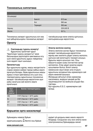 Техникалық сиппатама
Өлшемдері
Биіктігі 815 мм
Ені 560 мм
Тереңдігі 550 мм
Кернеу 230-240 В
Жиілік 50 Гц
Техникалық ақпарат құрылғының сол жақ
ішкі қабырғасындағы техникалық ақпарат
тақтайшасында жəне электр қуатының
жапсырмасында көрсетілген.
Орнату
Сақтандыру туралы ескерту!
Құрылғыны орнатпай тұрып
"Қауіпсіздік туралы ақпаратты" жеке
басыңыздың қауіпсіздігін қамтамасыз ету
үшін жəне құрылғыны дұрыс пайдалану
үшін мұқият оқып шығыңыз.
Орналастыру
Бұл құрылғыны құрғақ, жақсы желдетілетін
(гараж немесе қойма) тəрізді жабық жерге
орнатуға болады, бірақ құрылғының жақсы
жұмыс істеуін қамтамасыз ету үшін оны,
температурасы құрылғының техникалық
ақпарат тақтайшасында көрсетілген ауа-
райы санатына сай келетін жерге
орнатыңыз:
Ауа-
райы
санаты
Бөлме температурасы
SN +10°C бастап + 32°C дейін
N +16°C бастап + 32°C дейін
ST +16°C бастап + 38°C дейін
T +16°C бастап + 43°C дейін
Электр желісіне жалғау
Электр желісіне қоспас бұрын техникалық
ақпарат тақтайшасында көрсетілген
кернеу мен жиіліктің үйдегі электр желісінің
қуатына сай келетіндігін тексеріп алыңыз.
Құрылғы жерге қосылуға тиіс. Осы
мақсатта қорек сымы контактпен қатар
жеткізілген. Егер үйдегі розетка жерге
қосылмаған болса, білікті электр
маманынан ақыл-кеңес ала отырып,
құрылғыны қолданыстағы ережелерге сай
жерге жекелей қосыңыз.
Жоғарыда айтылып өткен ережелер
сақталмаса, өндіруші қандай да бір
жауапкершілікті өз мойнына алудан бас
тартады.
Бұл құрылғы E.E.C. ережелеріне сай
келеді.
Қоршаған орта мəселелері
Бұйымдағы немесе бұйым
қорапшасындағы белгісі осы бұйым
кəдімгі үй қалдығы емес екенін көрсетіп
білдіреді. Сондықтан оны ескі электр жəне
электроникалық бұйымдарды жинап
47www.zanussi.com
 