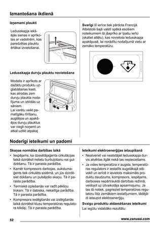 Izmantošana ikdienā
Izņemami plaukti
Ledusskapja iekš-
ējās sienas ir aprīko-
tas ar vadotnēm, kas
paredzētas plauktu
ērtākai izvietošanai.
Ledusskapja durvju plauktu novietošana
Modelis ir aprīkots ar
dažādu produktu uz-
glabāšanas kasti,
kas atrodas zem
durvju plaukta noda-
lījuma un izbīdās uz
sāniem.
Lai varētu veikt pa-
matīgāku tīrīšanu,
augšējos un apakš-
ējos durvju plauktus
var viegli noņemt un
atkal uzlikt atpakaļ
Svarīgi šī ierīce tiek pārdota Francijā.
Atbilstoši šajā valstī spēkā esošiem
noteikumiem tā jāaprīko ar īpašu ierīci
(skatiet attēlu), kas novietota ledusskapja
apakšpusē, lai norādītu nodalījumā vietu ar
zemāko temperatūru.
Noderīgi ieteikumi un padomi
Skaņas normālas darbības laikā
• Iespējams, ka dzesētājaģenta cirkulācijas
laikā dzirdēsit nelielu burbuļošanu vai gul-
dzēšanu. Tā ir parasta parādība.
• Kamēr kompresors darbojas, aukstuma-
ģents tiek cirkulēts sistēmā, un jūs dzirdē-
siet dūkšanu un pulsējošo skaņu. Tā ir pa-
rasta parādība.
• Termiskā izplešanās var radīt pēkšņu
troksni. Tā ir dabiska, nekaitīga parādība.
Tā ir parasta parādība.
• Kompresora ieslēgšanās vai izslēgšanās
laikā dzirdēsit klusu temperatūras regulato-
ra klikšķi. Tā ir parasta parādība.
Ieteikumi elektroenerģijas ietaupīšanā
• Neatveriet vai neatstājiet ledusskapja dur-
vis atvērtas ilgāk nekā tas nepieciešams.
• Ja vides temperatūra ir augsta, temperatū-
ras regulators ir iestatīts augstākajā stā-
voklī un ierīcē ir ievietots maksimāls pro-
duktu daudzums, kompresors, iespējams,
darbosies nepārtrauktā darbības režīmā,
veidojot uz iztvaikotāja apsarmojumu. Ja
tas tā notiek, pagrieziet temperatūras regu-
latoru līdz zemākiem iestatījumiem, tādējā-
di ietaupot elektroenerģiju.
Svaigu produktu atdzesēšanas ieteikumi
Lai iegūtu vislabāko rezultātu:
52 www.zanussi.com
 