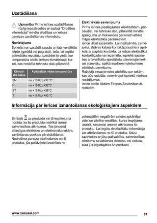 Uzstādīšana
Uzmanību Pirms ierīces uzstādīšanas
rūpīgi iepazīstieties ar sadaļā "Drošības
informācija" minēto drošības un ierīces
pareizas uzstādīšanas informāciju.
Novietojums
Šo ierīci var uzstādīt sausās un labi ventilētās
telpās (garāžā vai pagrabā), taču, lai iegūtu
optimālāko rezultātu, uzstādiet to vietā, kur
temperatūra atbilst ierīces klimatiskajai kla-
sei, kas norādīta tehnisko datu plāksnītē:
Klimati-
skā klase
Apkārtējās vides temperatūra
SN no +10 līdz +32 °C
N no +16 līdz +32°C
ST no +16 līdz +38°C
T no +16 līdz +43 °C
Elektriskais savienojums
Pirms ierīces pieslēgšanas elektrotīklam, pār-
baudiet, vai tehnisko datu plāksnītē minētie
sprieguma un frekvences parametri atbilst
mājas elektrotīkla parametriem.
Ierīce jābūt sazemētai. Lai nodrošinātu zemē-
jumu, strāvas kabeļa kontaktspraudnis ir aprī-
kots ar papildu kontaktu. Ja mājas elektrotīkla
kontaktligzda nav iezemēta, iepriekš sazino-
ties ar kvalificētu speciālistu, pievienojiet ierī-
cei atsevišķu, spēkā esošiem noteikumiem
atbilstošu zemējumu.
Ražotājs neuzņemsies atbildību par sekām,
kas būs radušās, neievērojot iepriekš minētos
norādījumus.
Ierīce atbilst šādām Eiropas Savienības di-
rektīvām.
Informācija par ierīces izmantošanas ekoloģiskajiem aspektiem
Simbols uz produkta vai tā iepakojuma
norāda, ka šo produktu nedrīkst izmest
saimniecības atkritumos. Tas jānodod
attiecīgos elektrisko un elektronisko iekārtu
savākšanas punktos pārstrādāšanai.
Nodrošinot pareizu atbrīvošanos no šī
produkta, jūs palīdzēsiet izvairīties no
potenciālām negatīvām sekām apkārtējai
videi un cilvēka veselībai, kuras iespējams
izraisīt, nepareizi izmetot atkritumos šo
produktu. Lai iegūtu detalizētāku informāciju
par atbrīvošanos no šī produkta, lūdzu
sazinieties ar jūsu pašvaldību, saimniecības
atkritumu savākšanas dienestu vai veikalu,
kurā jūs iegādājāties šo produktu.
57www.zanussi.com
 