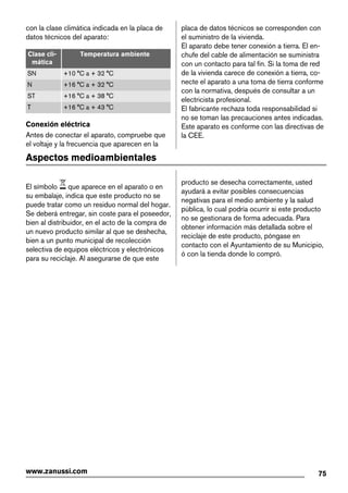 con la clase climática indicada en la placa de
datos técnicos del aparato:
Clase cli-
mática
Temperatura ambiente
SN +10 °C a + 32 °C
N +16 °C a + 32 °C
ST +16 °C a + 38 °C
T +16 °C a + 43 °C
Conexión eléctrica
Antes de conectar el aparato, compruebe que
el voltaje y la frecuencia que aparecen en la
placa de datos técnicos se corresponden con
el suministro de la vivienda.
El aparato debe tener conexión a tierra. El en-
chufe del cable de alimentación se suministra
con un contacto para tal fin. Si la toma de red
de la vivienda carece de conexión a tierra, co-
necte el aparato a una toma de tierra conforme
con la normativa, después de consultar a un
electricista profesional.
El fabricante rechaza toda responsabilidad si
no se toman las precauciones antes indicadas.
Este aparato es conforme con las directivas de
la CEE.
Aspectos medioambientales
El símbolo que aparece en el aparato o en
su embalaje, indica que este producto no se
puede tratar como un residuo normal del hogar.
Se deberá entregar, sin coste para el poseedor,
bien al distribuidor, en el acto de la compra de
un nuevo producto similar al que se deshecha,
bien a un punto municipal de recolección
selectiva de equipos eléctricos y electrónicos
para su reciclaje. Al asegurarse de que este
producto se desecha correctamente, usted
ayudará a evitar posibles consecuencias
negativas para el medio ambiente y la salud
pública, lo cual podría ocurrir si este producto
no se gestionara de forma adecuada. Para
obtener información más detallada sobre el
reciclaje de este producto, póngase en
contacto con el Ayuntamiento de su Municipio,
ó con la tienda donde lo compró.
75www.zanussi.com
 