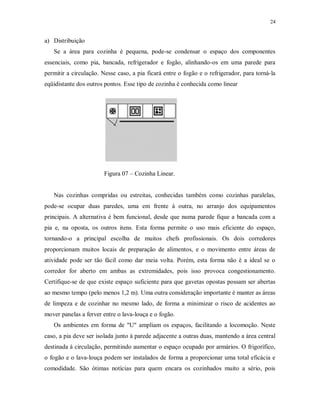 24

a) Distribuição
Se a área para cozinha é pequena, pode-se condensar o espaço dos componentes
essenciais, como pia, bancada, refrigerador e fogão, alinhando-os em uma parede para
permitir a circulação. Nesse caso, a pia ficará entre o fogão e o refrigerador, para torná-la
eqüidistante dos outros pontos. Esse tipo de cozinha é conhecida como linear

Figura 07 – Cozinha Linear.

Nas cozinhas compridas ou estreitas, conhecidas também como cozinhas paralelas,
pode-se ocupar duas paredes, uma em frente à outra, no arranjo dos equipamentos
principais. A alternativa é bem funcional, desde que numa parede fique a bancada com a
pia e, na oposta, os outros itens. Esta forma permite o uso mais eficiente do espaço,
tornando-o a principal escolha de muitos chefs profissionais. Os dois corredores
proporcionam muitos locais de preparação de alimentos, e o movimento entre áreas de
atividade pode ser tão fácil como dar meia volta. Porém, esta forma não é a ideal se o
corredor for aberto em ambas as extremidades, pois isso provoca congestionamento.
Certifique-se de que existe espaço suficiente para que gavetas opostas possam ser abertas
ao mesmo tempo (pelo menos 1,2 m). Uma outra consideração importante é manter as áreas
de limpeza e de cozinhar no mesmo lado, de forma a minimizar o risco de acidentes ao
mover panelas a ferver entre o lava-louça e o fogão.
Os ambientes em forma de "U" ampliam os espaços, facilitando a locomoção. Neste
caso, a pia deve ser isolada junto à parede adjacente a outras duas, mantendo a área central
destinada à circulação, permitindo aumentar o espaço ocupado por armários. O frigorífico,
o fogão e o lava-louça podem ser instalados de forma a proporcionar uma total eficácia e
comodidade. São ótimas notícias para quem encara os cozinhados muito a sério, pois

 