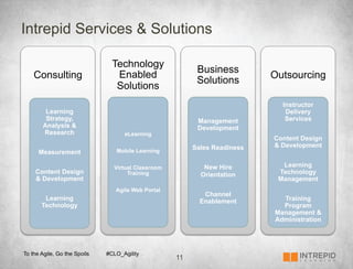 Intrepid Services & Solutions

                                Technology
                                                          Business
    Consulting                   Enabled                                   Outsourcing
                                                          Solutions
                                 Solutions
                                                                             Instructor
        Learning                                                              Delivery
        Strategy,                                         Management          Services
       Analysis &                                         Development
       Research                     eLearning
                                                                           Content Design
                                                         Sales Readiness   & Development
      Measurement                Mobile Learning

                                Virtual Classroom           New Hire         Learning
    Content Design                   Training              Orientation      Technology
    & Development                                                           Management
                                 Agile Web Portal
                                                            Channel
        Learning                                           Enablement        Training
       Technology                                                            Program
                                                                           Management &
                                                                           Administration




To the Agile, Go the Spoils   #CLO_Agility
                                                    11
 