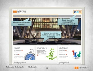 Social sharing is
          Menus match business                                            encouraged for
                workflow                                               client-ready content




                                               Learner experience
                                             matches corporate brand
                                                   messaging




To the Agile, Go the Spoils   #CLO_Agility
                                                  32
 
