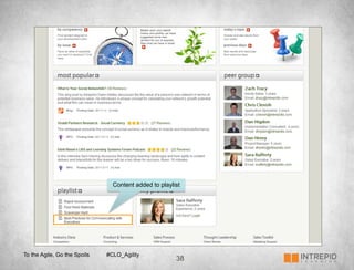 Content added to playlist




To the Agile, Go the Spoils   #CLO_Agility
                                                       38
 