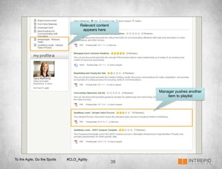 Relevant content
                                      appears here




                                                             Manager pushes another
                                                                 item to playlist




To the Agile, Go the Spoils   #CLO_Agility
                                                        39
 