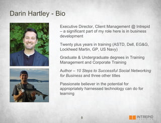 Darin Hartley - Bio
                 Executive Director, Client Management @ Intrepid
                 – a significant part of my role here is in business
                 development

                 Twenty plus years in training (ASTD, Dell, EG&G,
                 Lockheed Martin, GP, US Navy)

                 Graduate & Undergraduate degrees in Training
                 Management and Corporate Training

                 Author – 10 Steps to Successful Social Networking
                 for Business and three other titles

                 Passionate believer in the potential for
                 appropriately harnessed technology can do for
                 learning




                            8
 