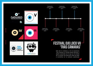 IIIIIIII
Festival Ojo
Loco I Edición
2010
Festival Ojo
Loco II Edición
2011
Festival Ojo
Loco III Edición
2012
Festival Ojo
Loco V Edición
2014
Festival Ojo
Loco VII Edición
2016
Festival Ojo
Loco IV Edición
2013
Festival Ojo
Loco VI Edición
2015
Este año te invitamos a vivir la experiencia
'Tras Cámaras' en donde podrás descubrir y
dejarte sorprender por lo que se vive detrás
de un proceso de producción antes de pasar
a convertirse en un producto audiovisual.
festival ojo loco vii
‘trás cámaras’
l
l
 