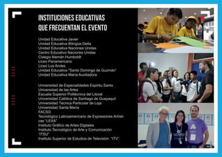 l INSTITUCIONES EDUCATIVAS
QUE FRECUENTAN EL EVENTO
Unidad Educativa Javier
Unidad Educativa Bilingüe Delta
Unidad Educativa Naciones Unidas
Centro Educativo Naciones Unidas
Colegio Alemán Humboldt
Liceo Panamericano
Liceo Los Andes
Unidad Educativa "Santo Domingo de Guzmán“
Unidad Educativa María Auxiliadora
IIIIIIII
l
ll
Universidad de Especialidades Espíritu Santo
Universidad de las Artes
Escuela Superior Politécnica del Litoral
Universidad Católica de Santiago de Guayaquil
Universidad Técnica Particular de Loja
Universidad Santa María
FACSO
Tecnológico Latinoamericano de Expresiones Artísti-
cas “LEXA”
Instituto Gráfico de Artes Digitales
Instituto Tecnológico de Arte y Comunicación
“ITSU”
Instituto Superior de Estudios de Televisión “ITV”
 