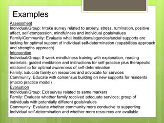 Examples
Assessment
Individual/Group: Intake survey related to anxiety, stress, rumination, positive
affect, self-compassion, mindfulness and individual goals/values
Family/Community: Evaluate what institutions/agencies/social supports are
lacking for optimal support of individual self-determination (capabilities approach
and strengths approach)
Intervention
Individual/Group: 8 week mindfulness training with explanation, reading
materials, guided meditation and instructions for self-practice plus therapeutic
relationship for optimal awareness of self-determination
Family: Educate family on resources and advocate for services
Community: Educate with consensus building on new supports for residents
(macro practice model)
Evaluation
Individual/Group: Exit survey related to same markers
Family: Evaluate whether family received adequate services; group of
individuals with potentially different goals/values
Community: Evaluate whether community more conducive to supporting
Individual self-determination and whether more resources are available
 
