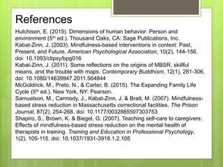 References
Hutchison, E. (2015). Dimensions of human behavior: Person and
environment (5th ed.). Thousand Oaks, CA: Sage Publications, Inc.
Kabat-Zinn, J. (2003). Mindfulness-based interventions in context: Past,
Present, and Future. American Psychological Association, 10(2), 144-156.
doi: 10.1093/clipsy/bpg016
Kabat-Zinn, J. (2011). Some reflections on the origins of MBSR, skillful
means, and the trouble with maps. Contemporary Buddhism, 12(1), 281-306.
doi: 10.1080/14639947.2011.564844
McGoldrick, M., Preto, N., & Carter, B. (2015). The Expanding Family Life
Cycle (5th ed.). New York, NY: Pearson.
Samuelson, M., Carmody, J., Kabat-Zinn, J. & Bratt, M. (2007). Mindfulness-
based stress reduction in Massachusetts correctional facilities. The Prison
Journal, 87(2), 254-268. doi: 10.1177/0032885507303753
Shapiro, S., Brown, K. & Biegel, G. (2007). Teaching self-care to caregivers:
Effects of mindfulness-based stress reduction on the mental health of
therapists in training. Training and Education in Professional Psychology,
1(2), 105-115. doi: 10.1037/1931-3918.1.2.105
 