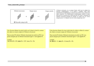 Vision_industrielle_principes
10
L'élément structurant est un masque binaire utilisé par la plupart des
fonctions morphologiques. Il est destiné à pondérer l'effet d'une
transformation morphologique en fonction de la forme et des contours des
objets concernés. Une transformation morphologique modifie la valeur
d'un pixel Po en fonction de la valeur prise par ses voisins. L'utilisation de
l'élément structurant permettra de prendre en compte tous les voisins
masqués par un 1 et d'ignorer tous les voisins masqués par un O.
Unc Erosion élimine les pixels isolés sur le fond et érode le contour
des objets en tenant compte de l'élément structurant.
Pour un pixel Po donné, l'élément structurant est centré sur PO. Les
pixels masqués par un élément structurant égal à 1 sont appelés Pi.
exemple
Si AND (Pi) =255, alors Po :=255 sinon Po :=Po
Cette fonction élimine les trous isolés dans les objets et dilate le contour
des objets en tenant compte de l'élément structurant.
Pour un pixel Po donné, l'élément structurant est centré sur PO. Les
pixels masqués par un élément structurant égal à 1 sont appelés Pi.
exemple
Si OR (Pi) = 0 alors Po :=0 sinon Po :=Po
 