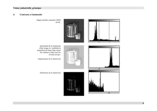 Vision_industrielle_principes
4
4. Contraste et luminosité
Image normale contenant 24820
pixels.
Ajustement de la luminosité
d'une image en modifiant la
proportion de blanc dans toutes
les couleurs et dans tous les
niveaux de gris.
Augmentation de la luminosité
Diminution de la luminosité
 
