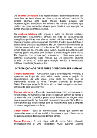 Os chakras principais são representados esquematicamente por 
desenhos de lótus vistos de cima, com um número variável de 
pétalas abertas para cada chakra. Essas pétalas são 
representações simbólicas do número de canais primários que 
partem de cada respectivo chakra para distribuir sua energia por 
outros chakras e por todo o corpo. 
Os chakras básicos dão origem a todos os demais chakras, 
denominados secundários, através da rede de vascularização 
energética (prânica), que são os canais (nádis) maiores. De cada 
chakra principal, partem algumas correntes (nádís) para distribuir o 
prâna pelos chakras secundários. Há um número indeterminado de 
chakras secundários no corpo humano. Só nas palmas das mãos 
temos cerca de 35, em cada uma. Assim, quando procedemos aos 
mantras (sons entoados que facilitam a comunicação entre nosso 
EU Superior com nosso ser), marcando o ritmo com palmas, 
estamos estimulando nada menos que 70 pequenos chakras 
através do atrito. O atrito gera energia térmica e eletricidade 
estática, manifestações de prâna. 
INTRODUÇÃO AOS DIFERENTES CORPOS DO SER HUMANO 
Corpos Superiores – Armazenam tudo o que o Espírito vivenciou e 
aprendeu ao longo de suas vidas, assim como o projeto de 
aprendizagem da vida atual. Uma parte do Todo que se 
individualiza através da Alma. Também chamado Eu Superior, 
Divina Presença, Anjo da Guarda, etc. – Nível energético superior, 
alimentado pelo Sopro Divino. 
Corpos inferiores – Eles são caracterizados como os veículos ou 
ferramentas, instrumentos nos quais é possível corrigir as falhas e 
os erros de rota cometidos pelos seres humanos na viagem volta 
para a presença do Pai Celestial, no cumprimento do Plano Divino. 
Isto significa que estes corpos são os instrumentos para a limpeza 
do carma negativo acumulado. 
Corpo Físico - Todas as manifestações físicas que podem ser 
percebidas com os cinco sentidos humanos e que vibram numa 
freqüência abaixo daquela dos demais corpos. 
Corpo Etérico - É uma cópia sutil do corpo físico, vibrando 
energeticamente a uma velocidade muito superior (alguns 
 